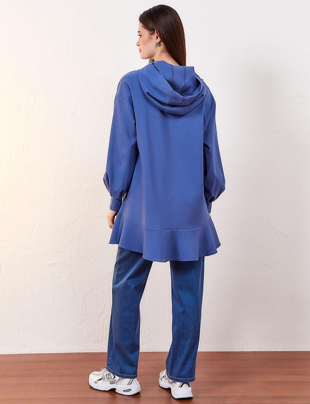 Hooded Sweatshirt with Flounce Skirt - Indigo