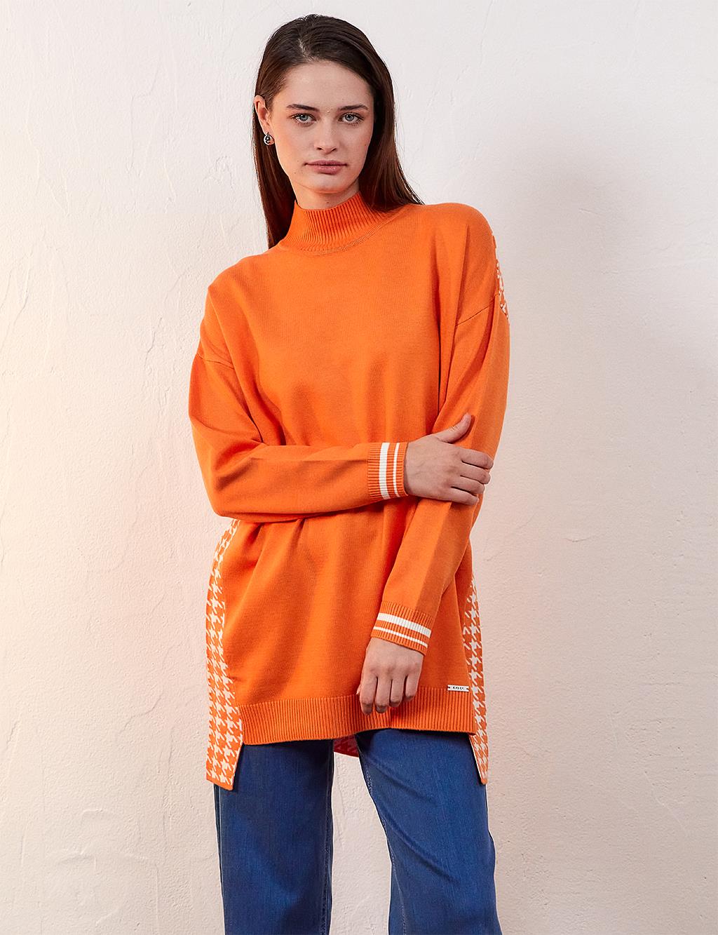 Houndstooth Patterned Knitwear Tunic Orange