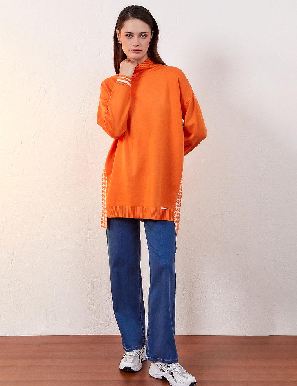 Houndstooth Patterned Knitwear Tunic Orange