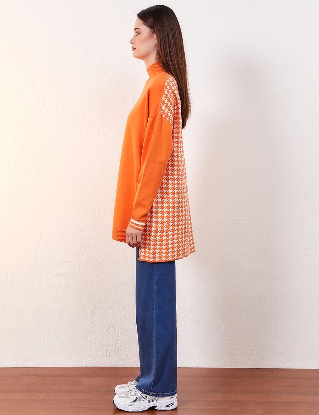 Houndstooth Patterned Knitwear Tunic Orange