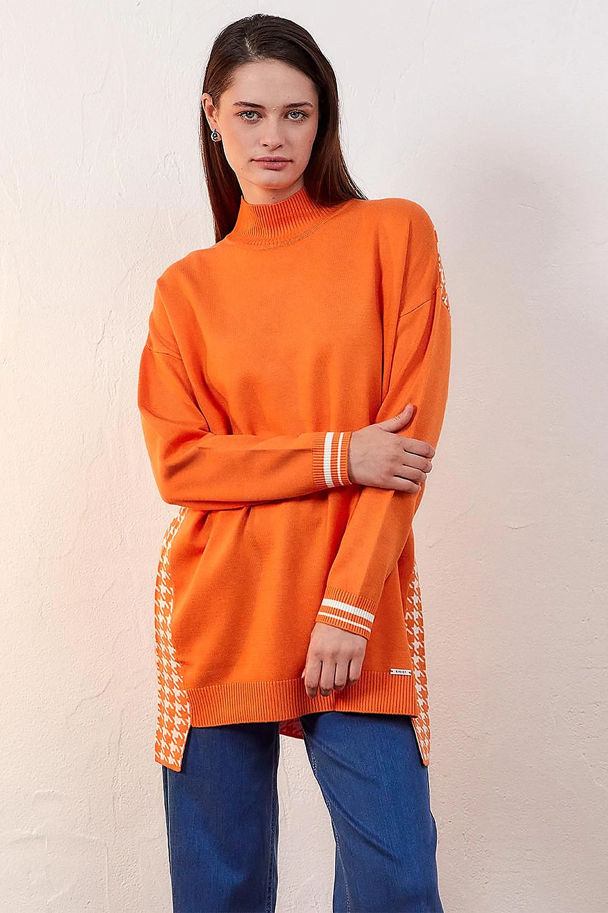Houndstooth Patterned Knitwear Tunic Orange