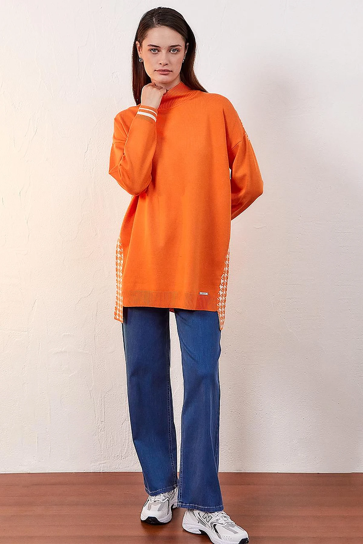 Houndstooth Patterned Knitwear Tunic Orange