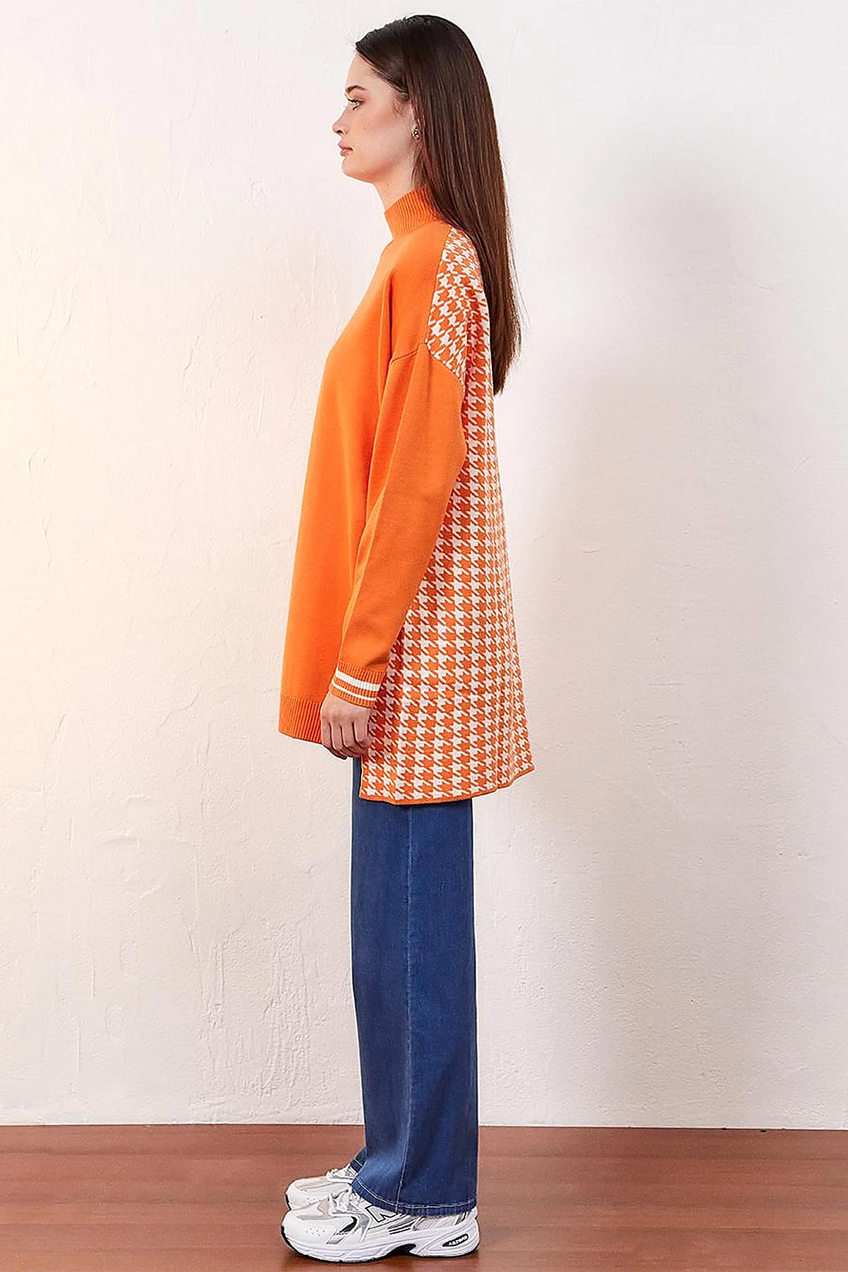 Houndstooth Patterned Knitwear Tunic Orange