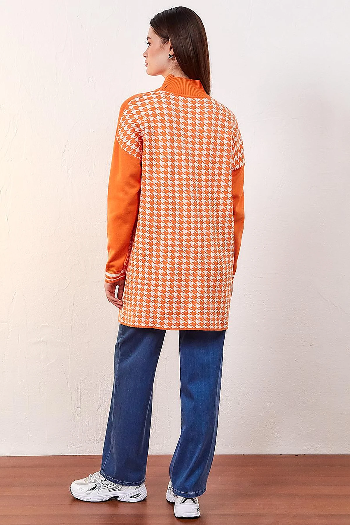 Houndstooth Patterned Knitwear Tunic Orange