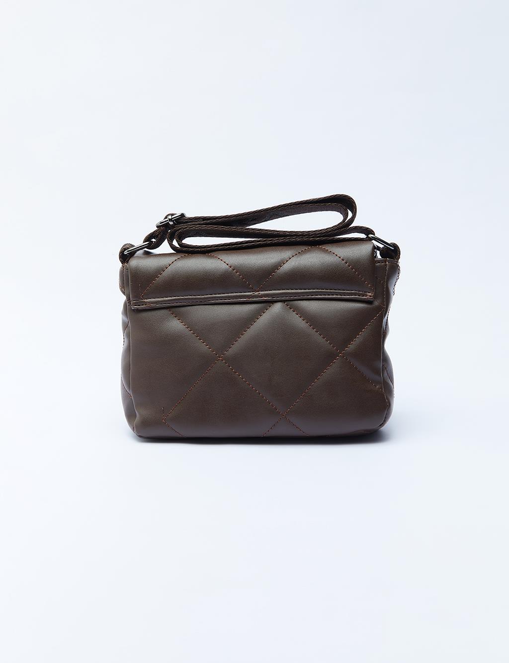 Quilted Rectangular Bag with Woven Strap Dark Brown
