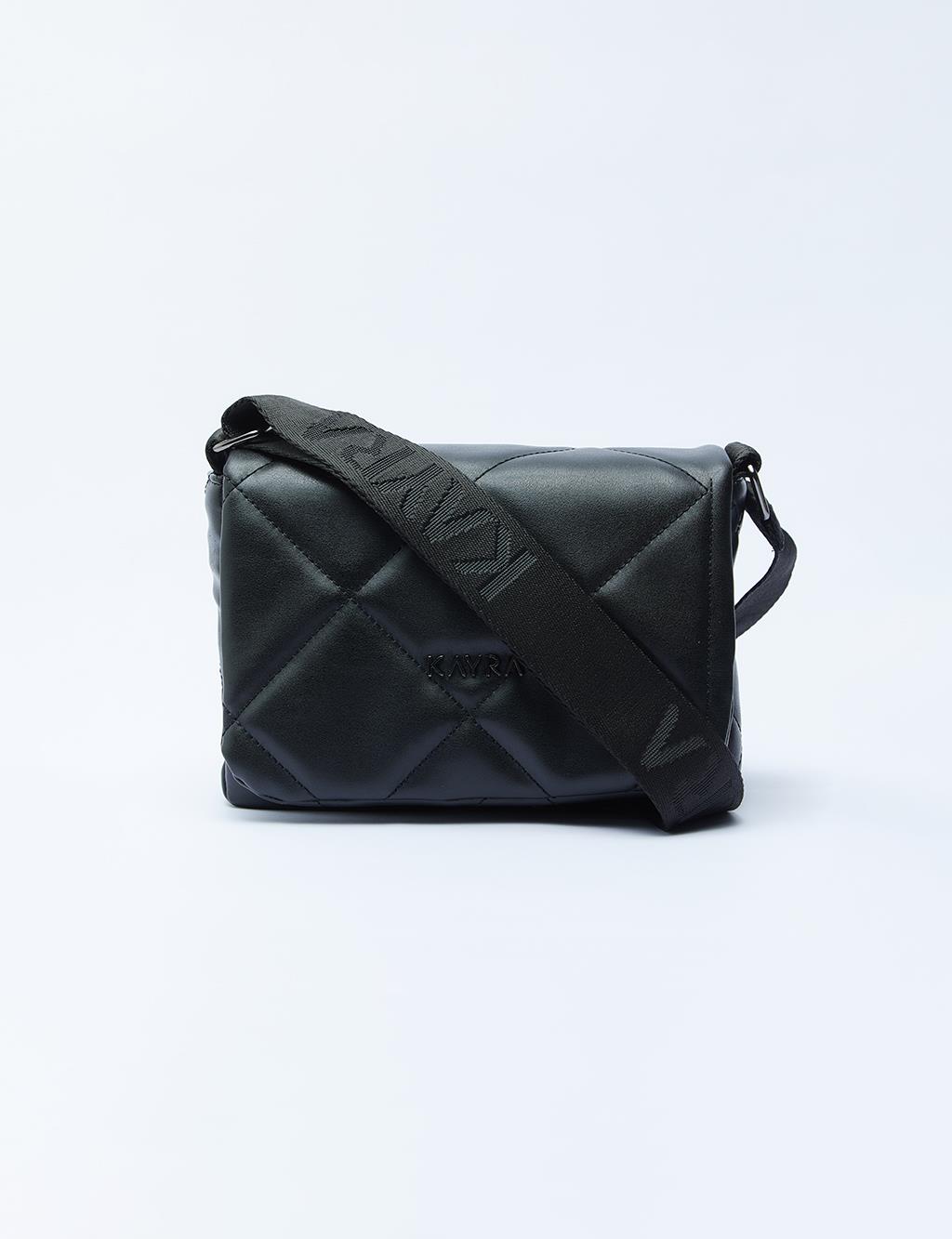 Quilted Rectangular Bag with Woven Strap Black