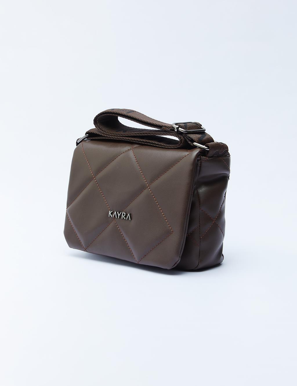Quilted Rectangular Bag with Woven Strap Dark Brown