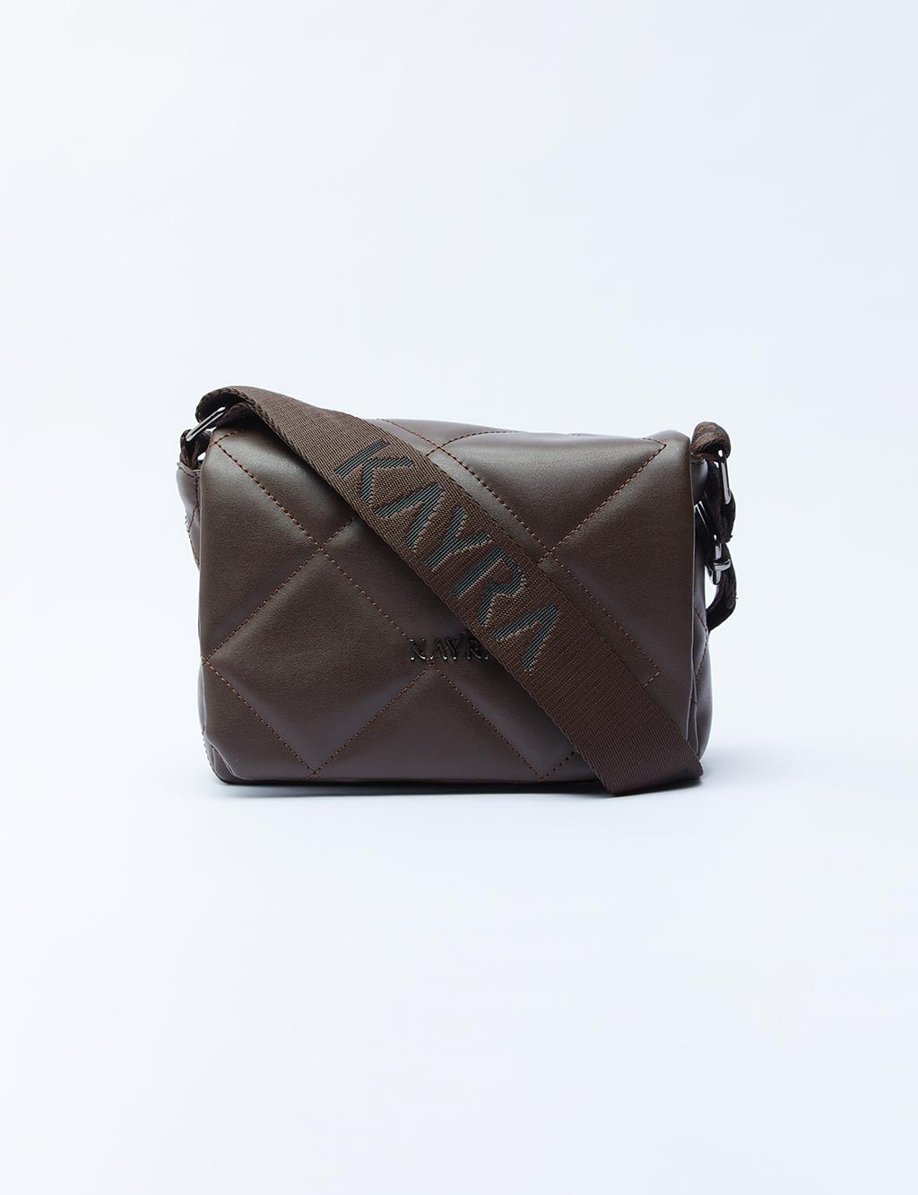 Quilted Rectangular Bag with Woven Strap Dark Brown