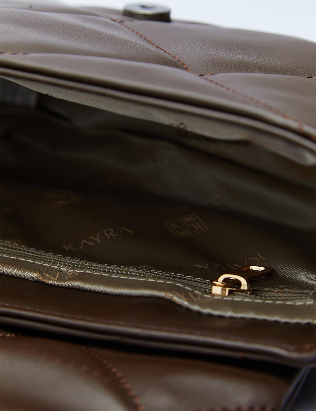 Quilted Rectangular Bag with Woven Strap Dark Brown