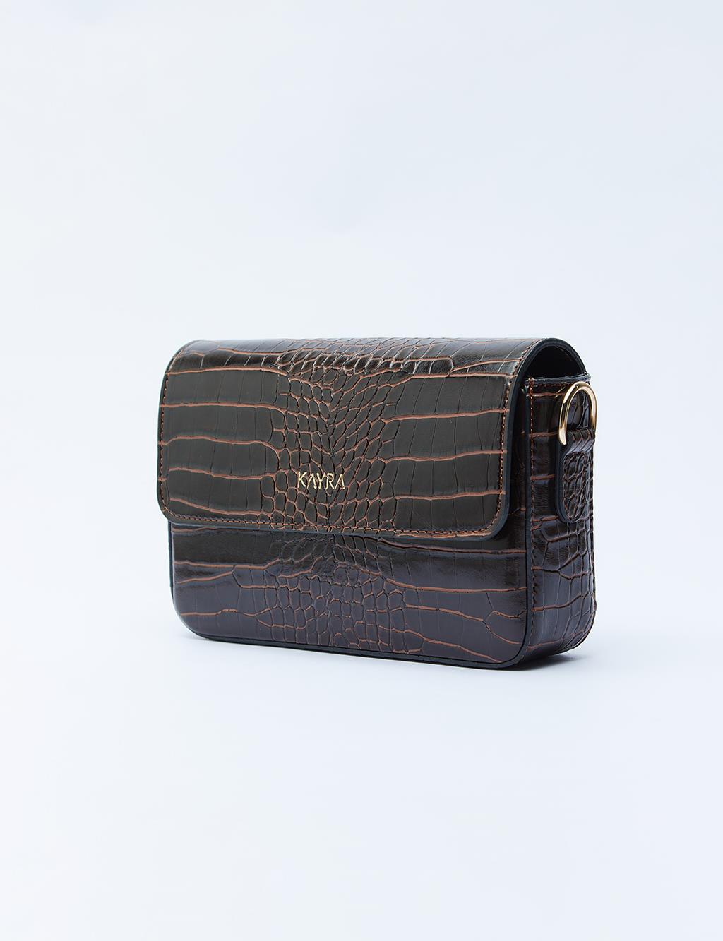 Croco Patterned Flap Bag with Woven Strap Brown