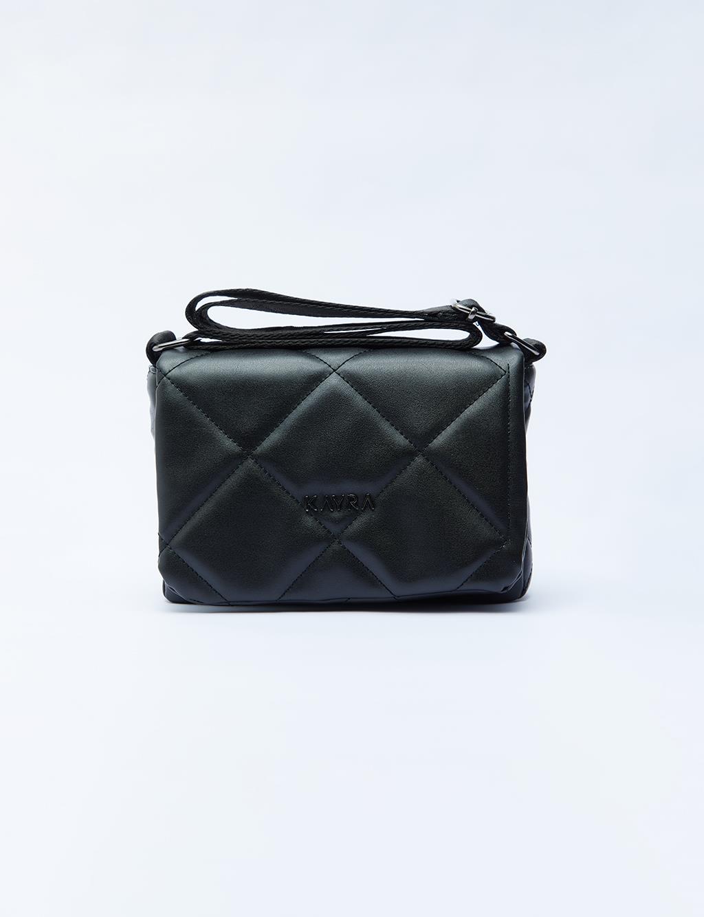 Quilted Rectangular Bag with Woven Strap Black