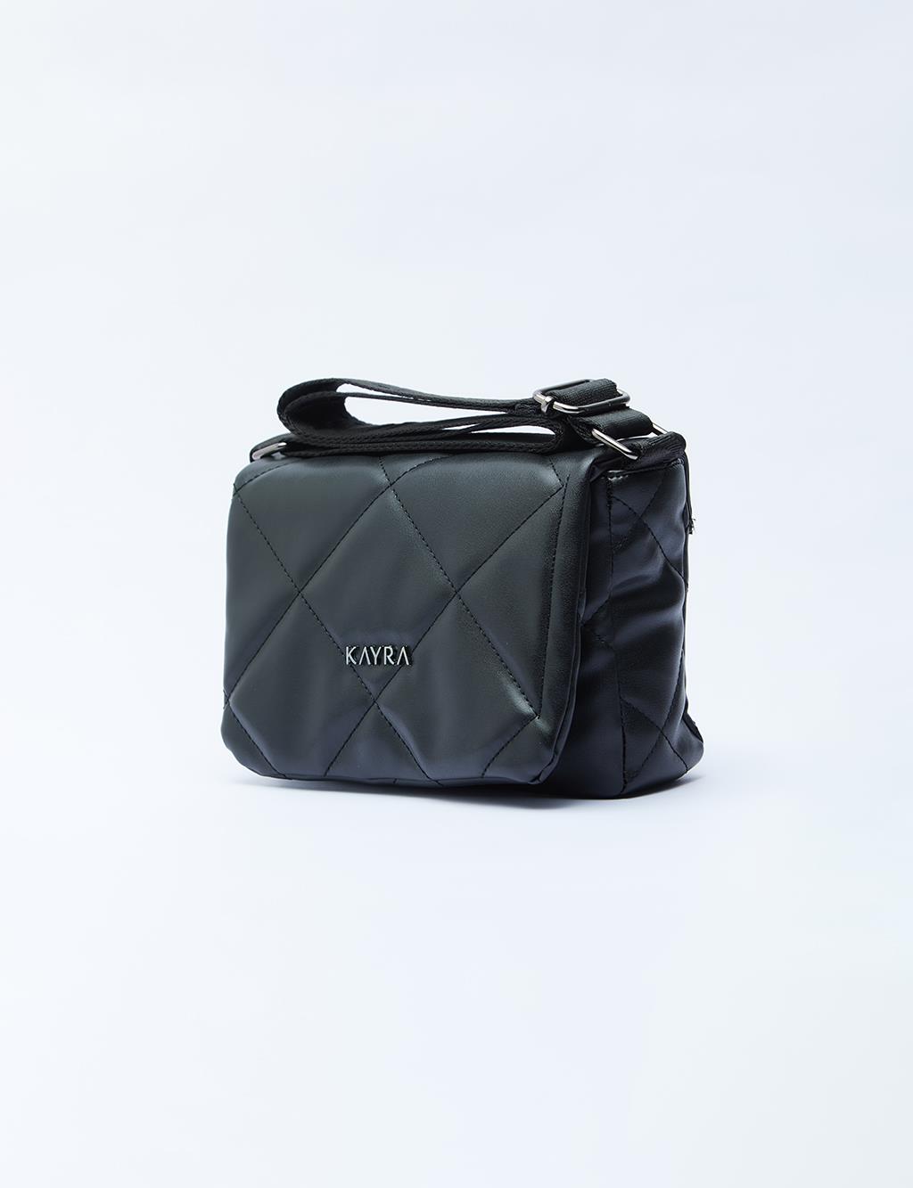 Quilted Rectangular Bag with Woven Strap Black