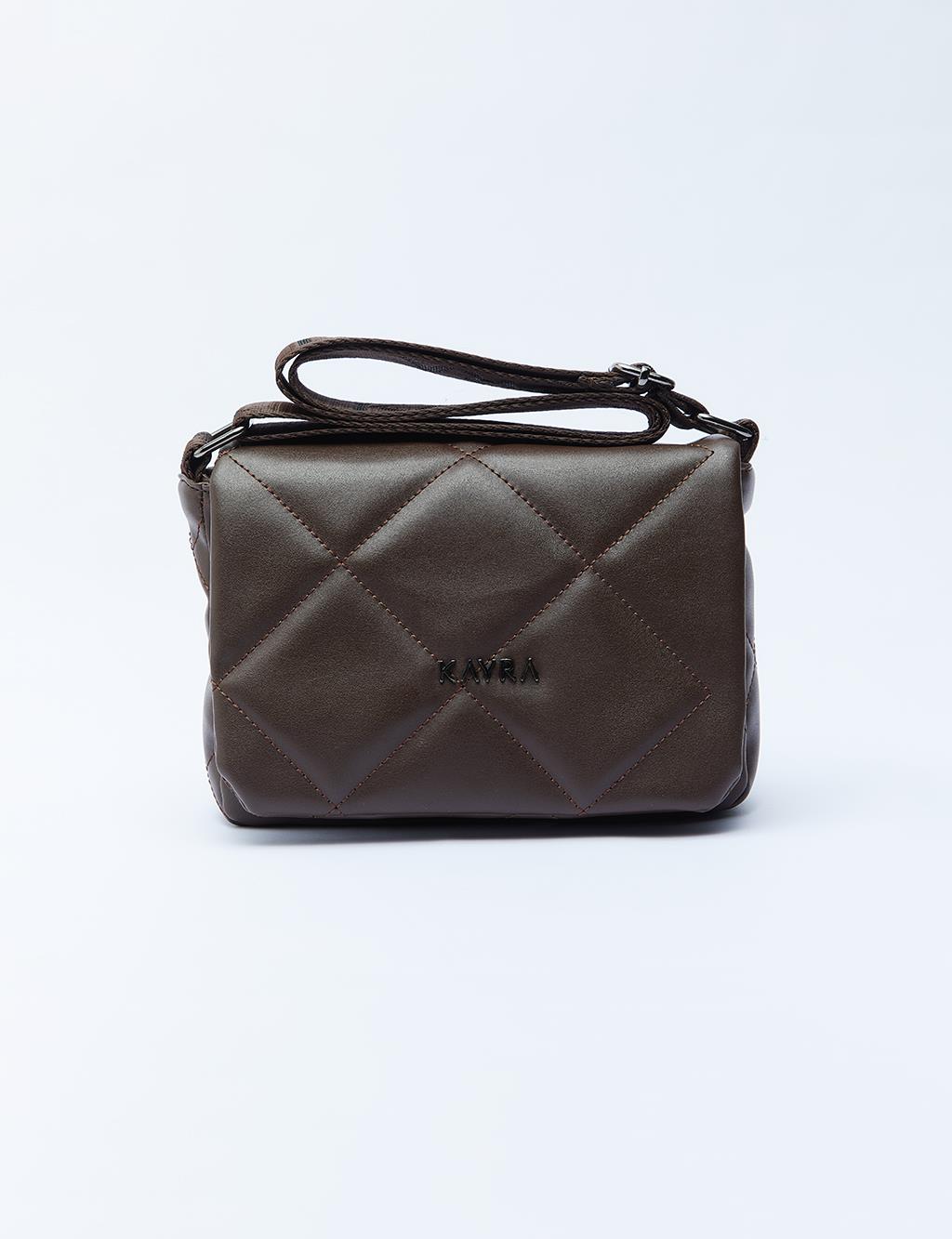 Quilted Rectangular Bag with Woven Strap Dark Brown