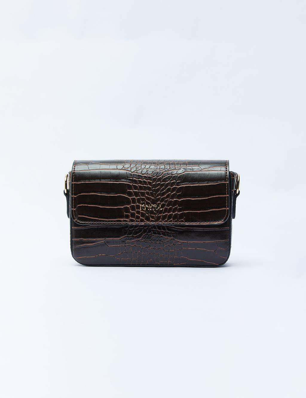 Croco Patterned Flap Bag with Woven Strap Brown