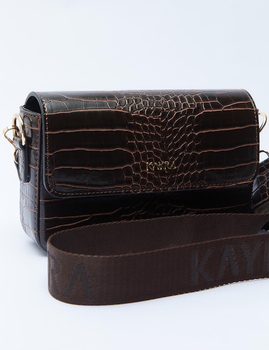 Croco Patterned Flap Bag with Woven Strap Brown