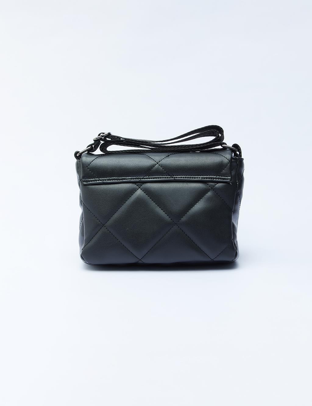 Quilted Rectangular Bag with Woven Strap Black