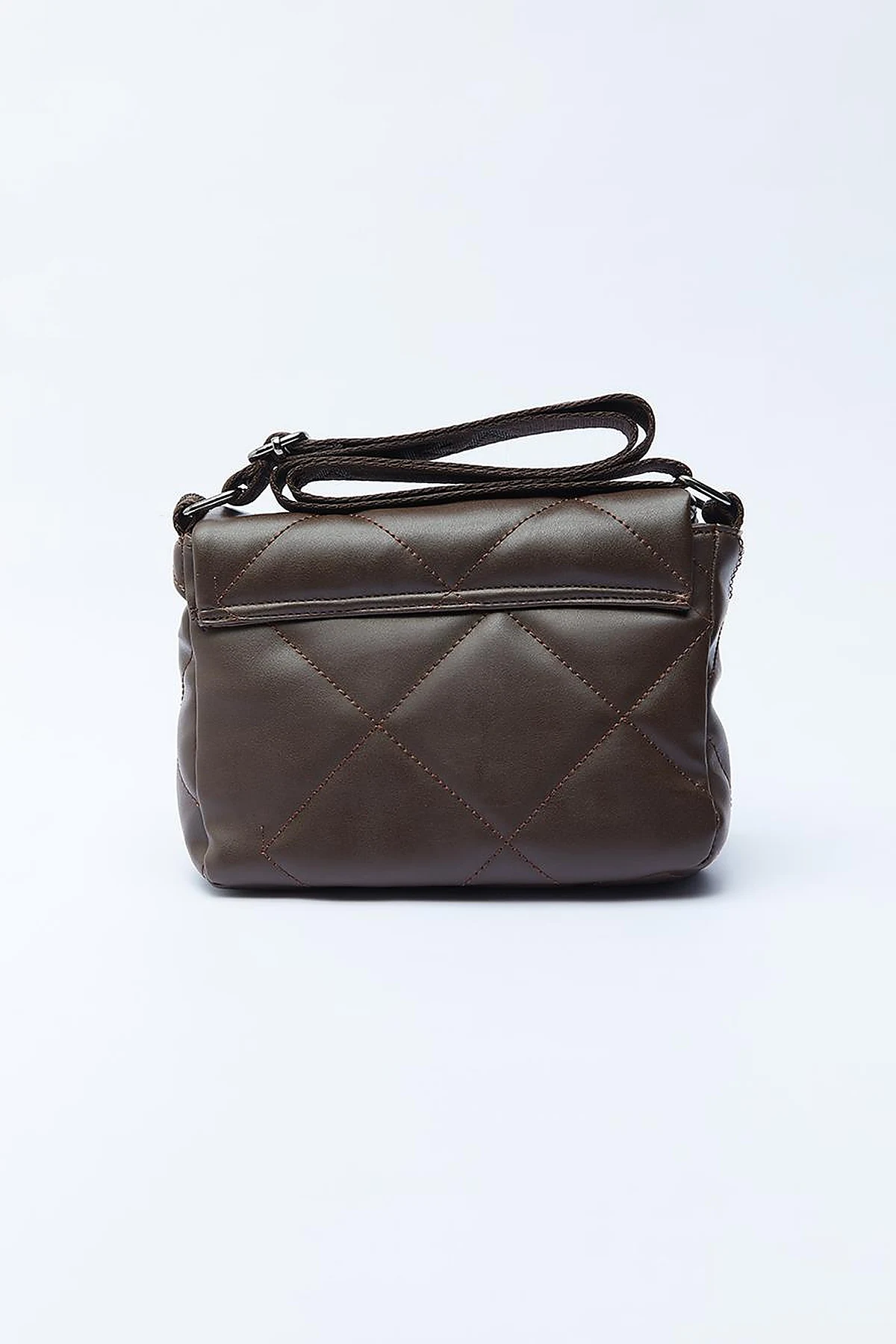 Quilted Rectangular Bag with Woven Strap Dark Brown