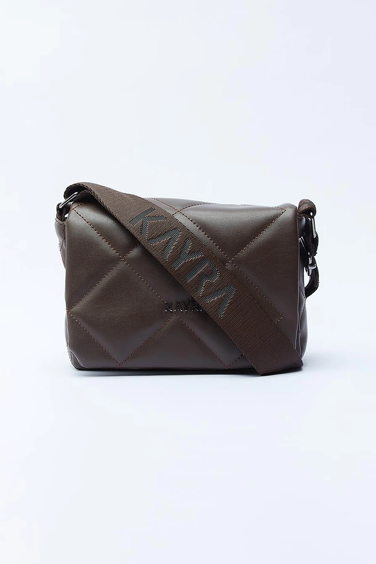Quilted Rectangular Bag with Woven Strap Dark Brown