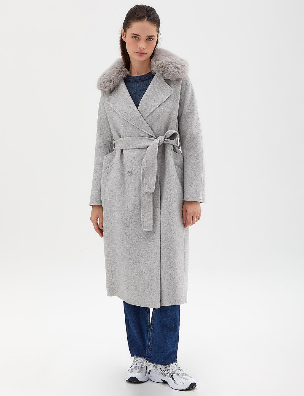 Premium Wool Fur Double Breasted Button-Up Coat A.Grey