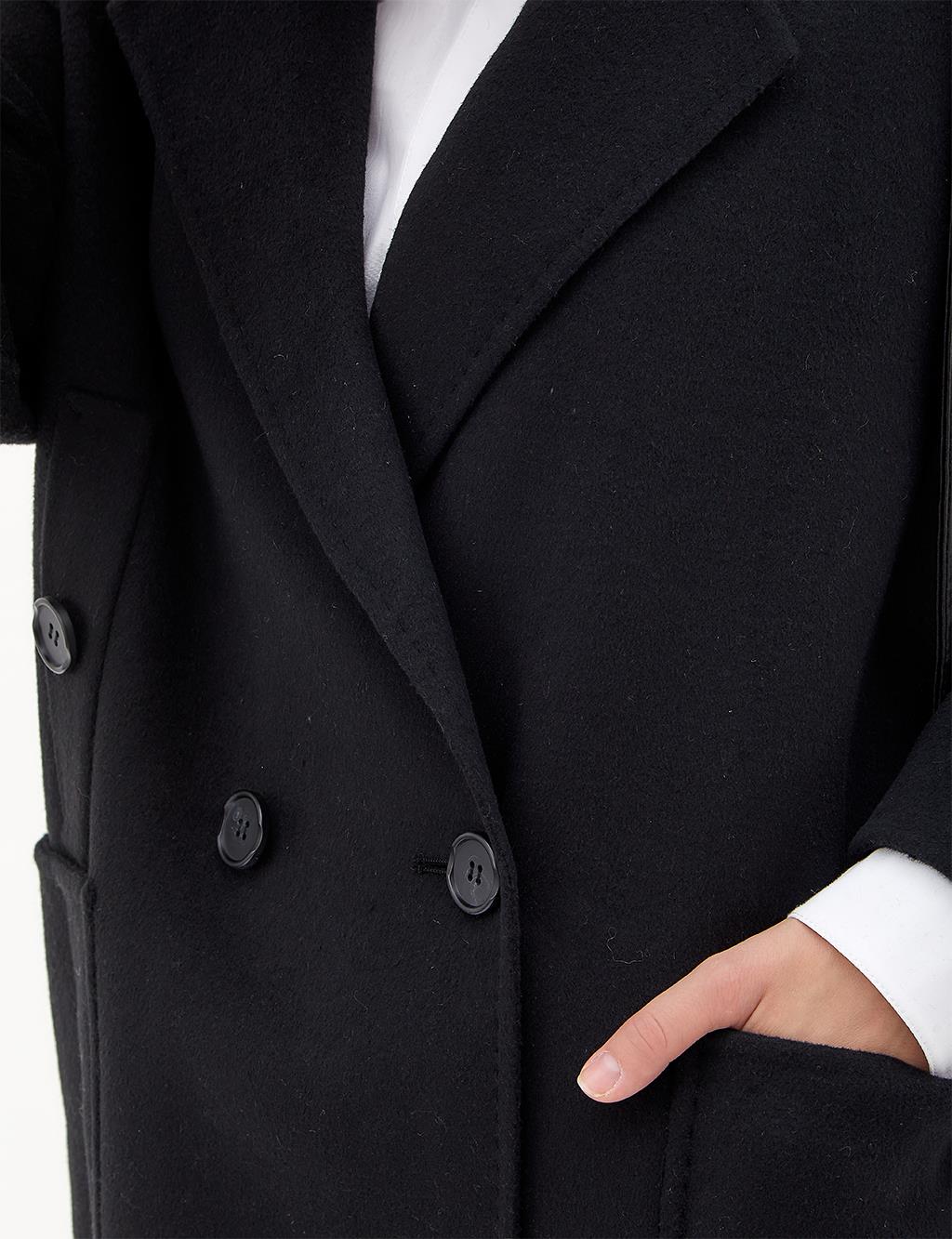 Premium Wool Double-Breasted Coat with Large Pockets Black