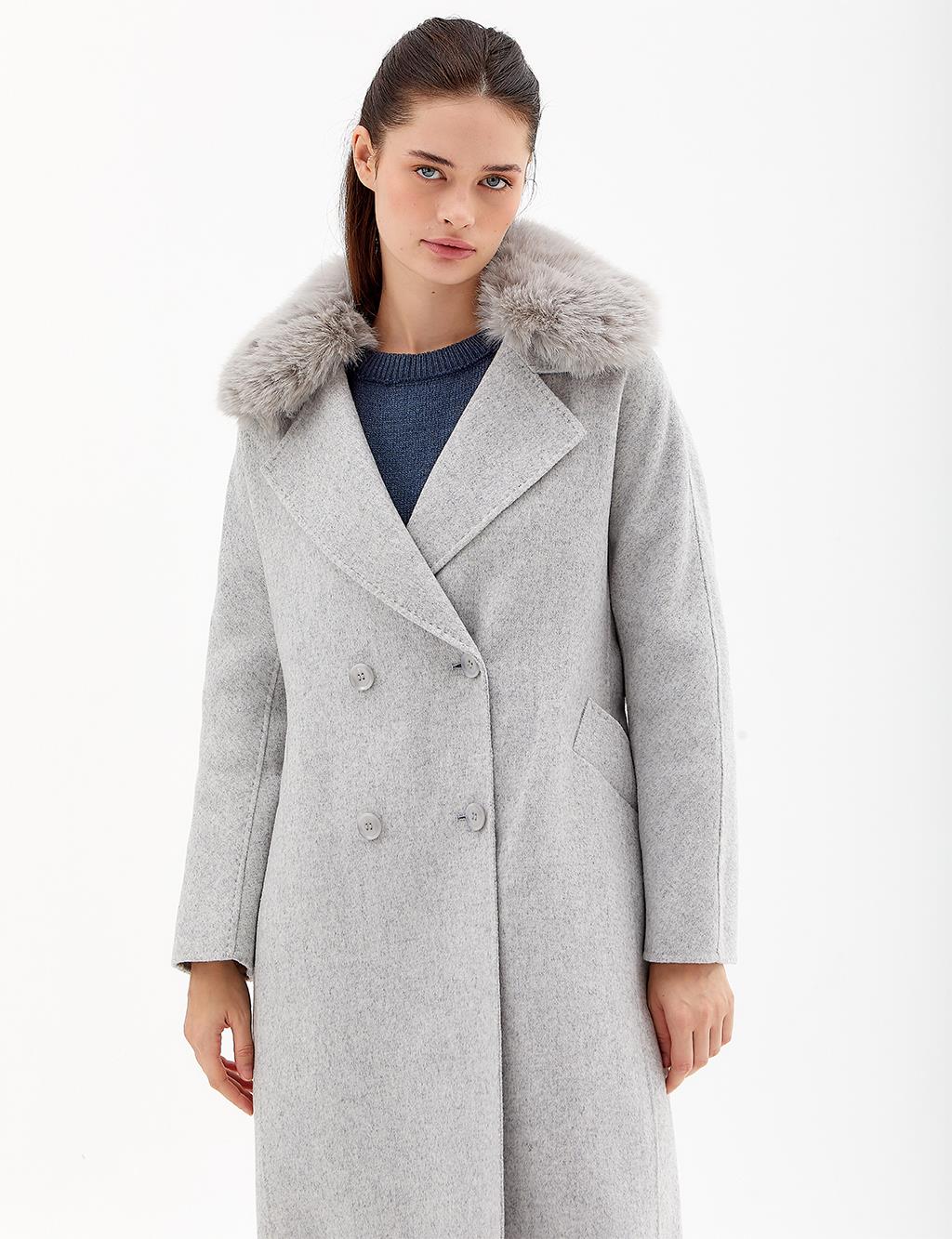 Premium Wool Fur Double Breasted Button-Up Coat A.Grey