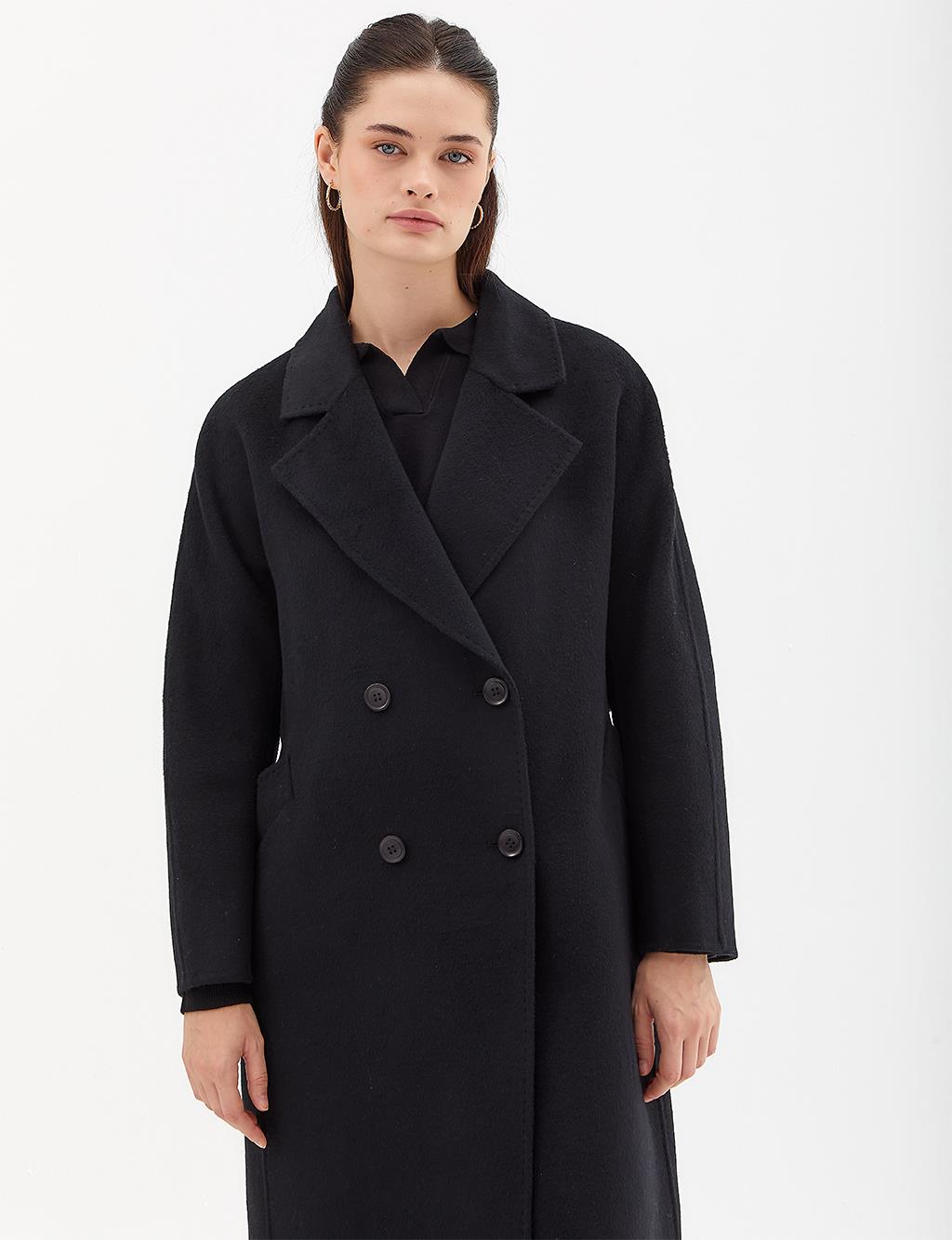 Premium Wool Fur Double Breasted Button Coat Black