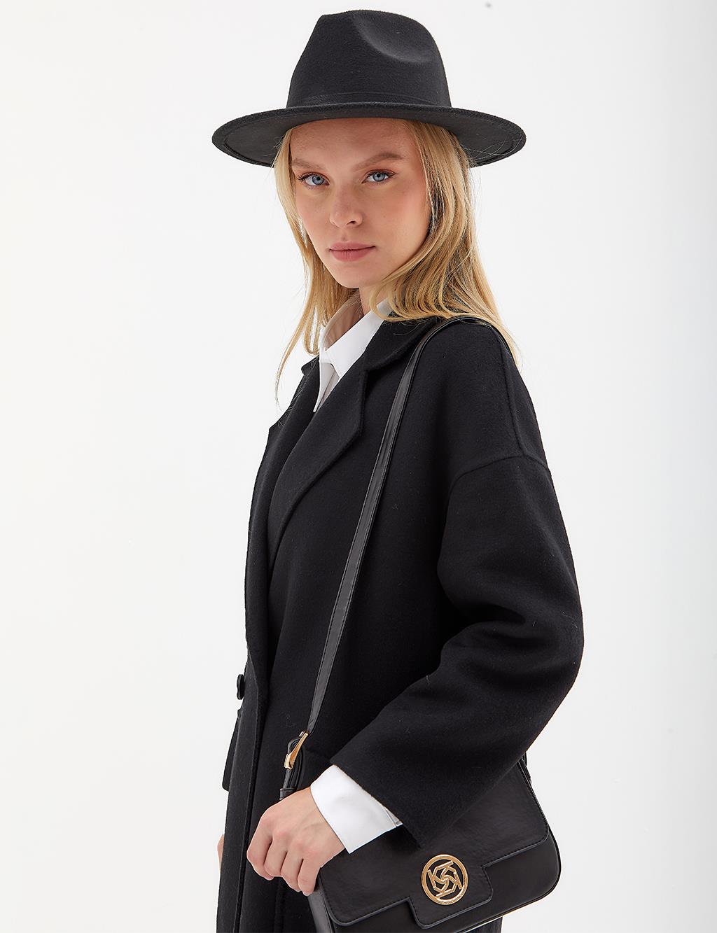 Premium Wool Double-Breasted Coat with Large Pockets Black
