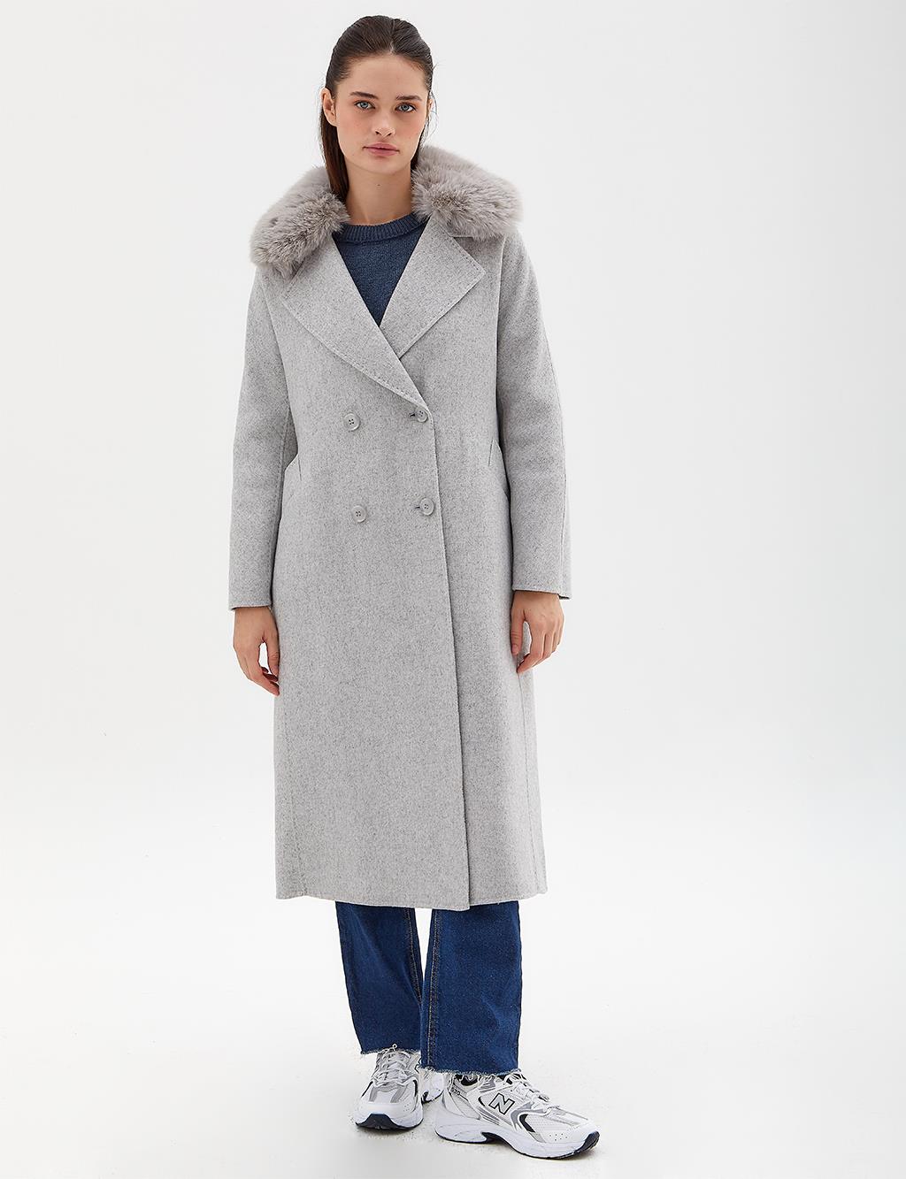 Premium Wool Fur Double Breasted Button-Up Coat A.Grey