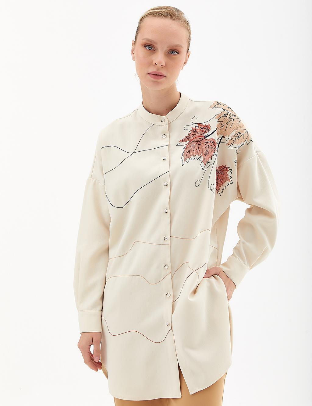 Patterned Contrast Stitched Collar Shirt Cream