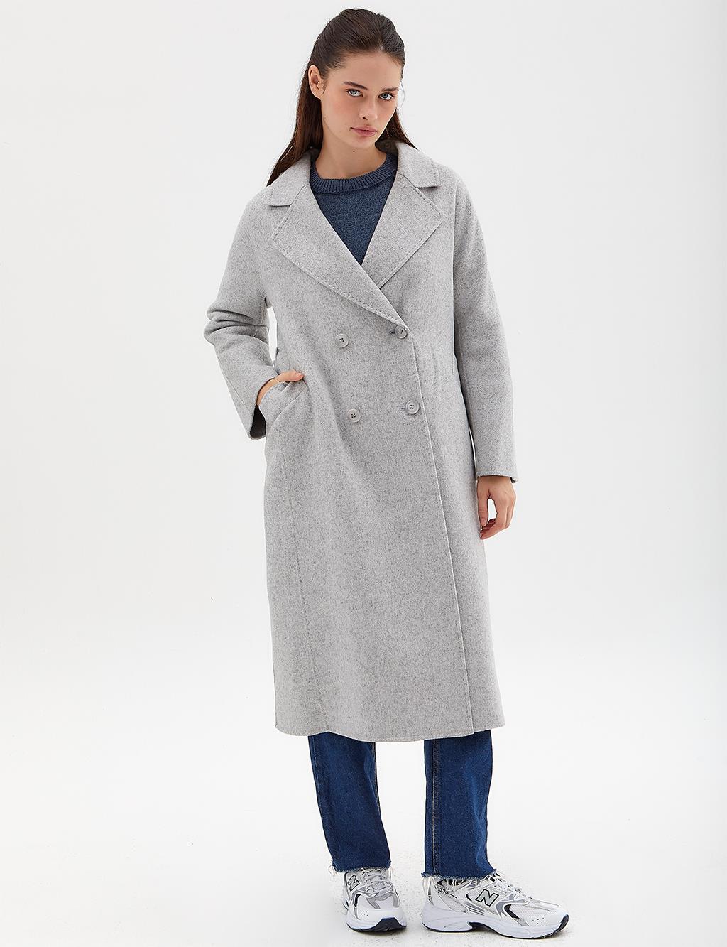 Premium Wool Fur Double Breasted Button-Up Coat A.Grey