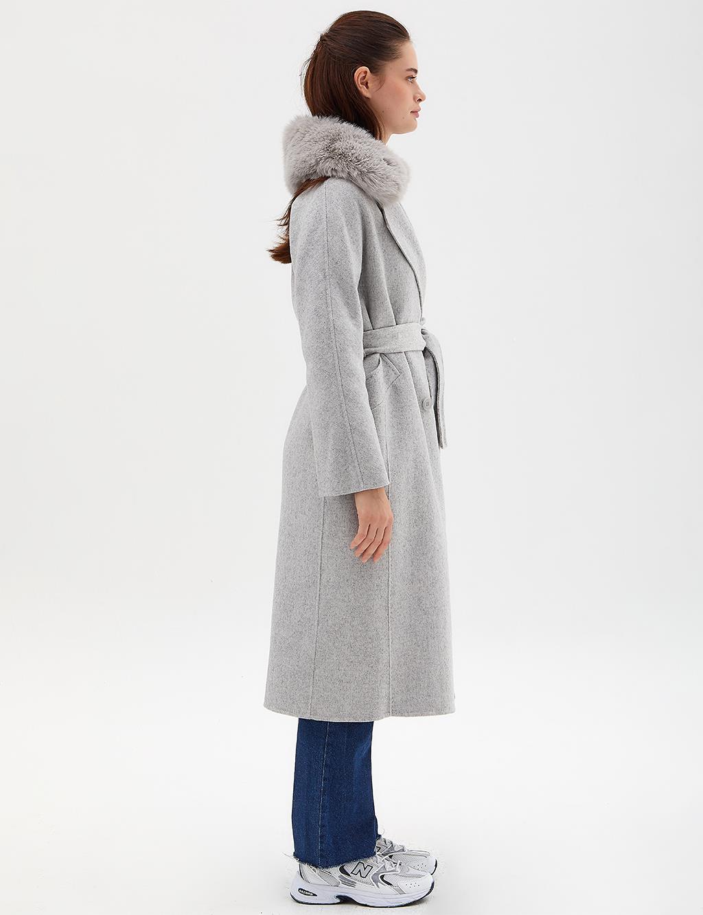 Premium Wool Fur Double Breasted Button-Up Coat A.Grey