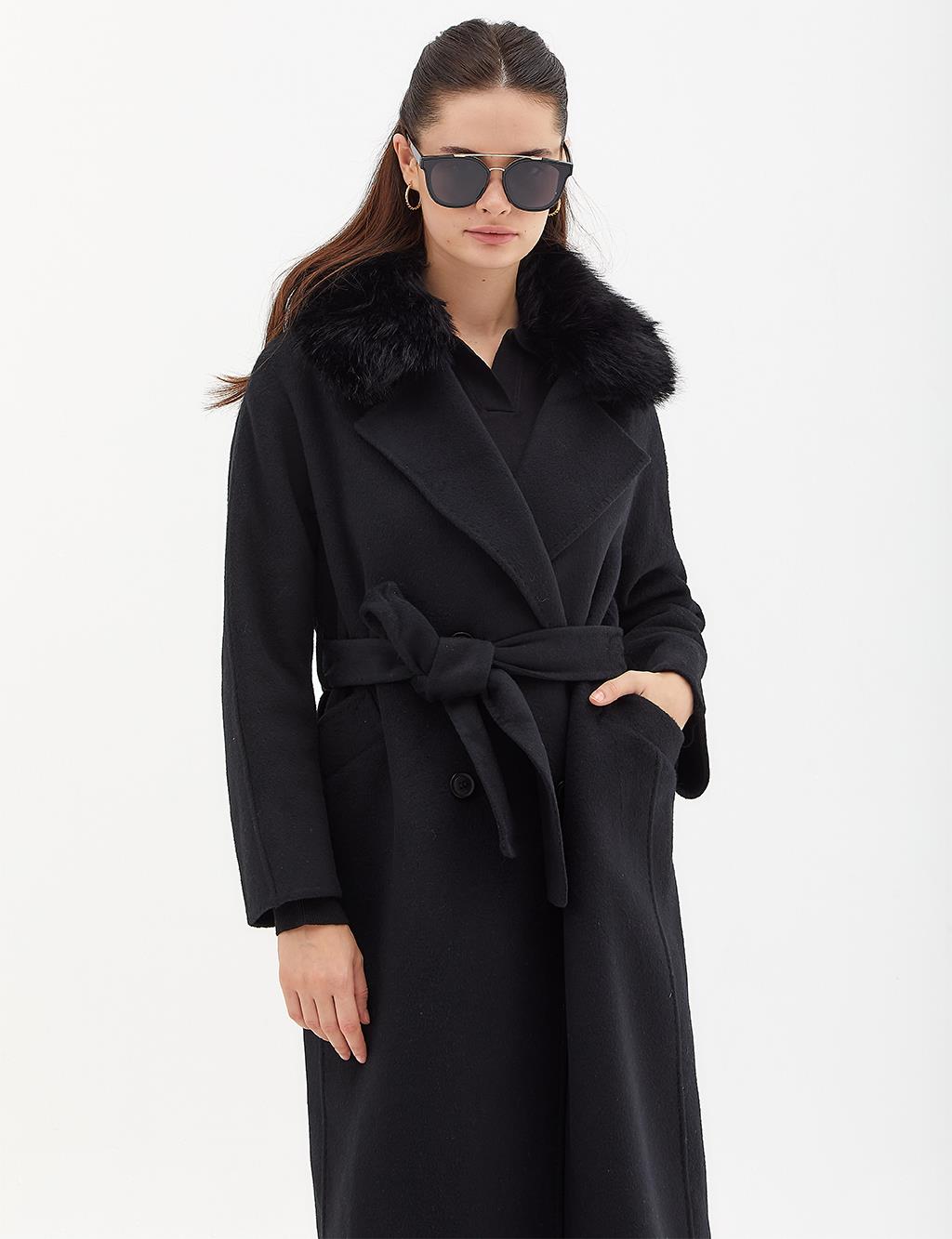 Premium Wool Fur Double Breasted Button Coat Black