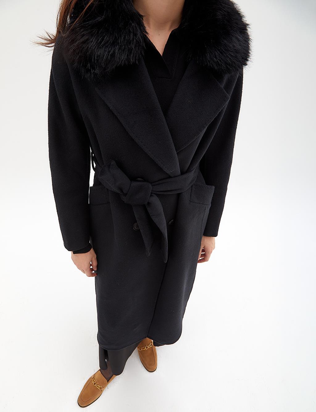 Premium Wool Fur Double Breasted Button Coat Black