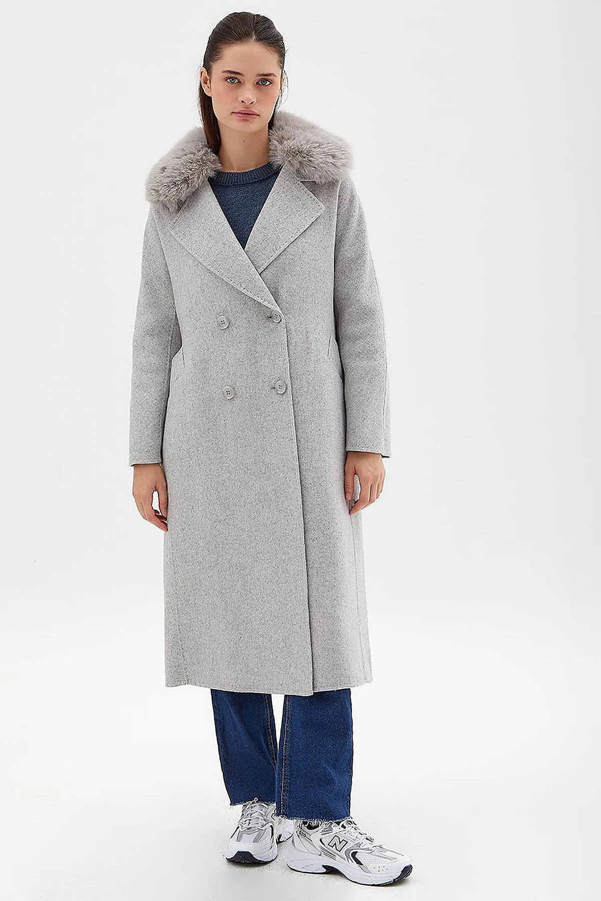 Premium Wool Fur Double Breasted Button-Up Coat Light Grey