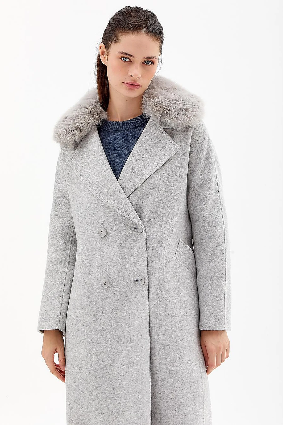 Premium Wool Fur Double Breasted Button-Up Coat Light Grey