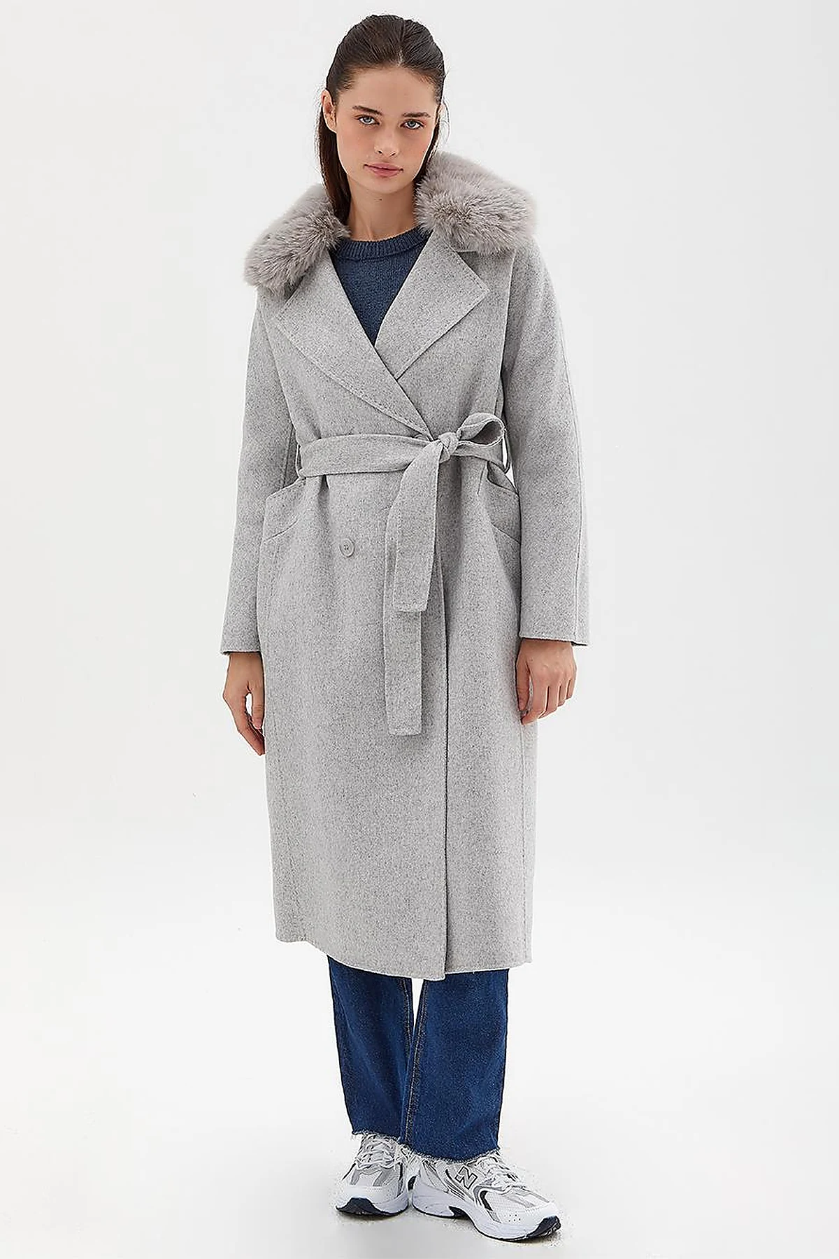 Premium Wool Fur Double Breasted Button-Up Coat Light Grey