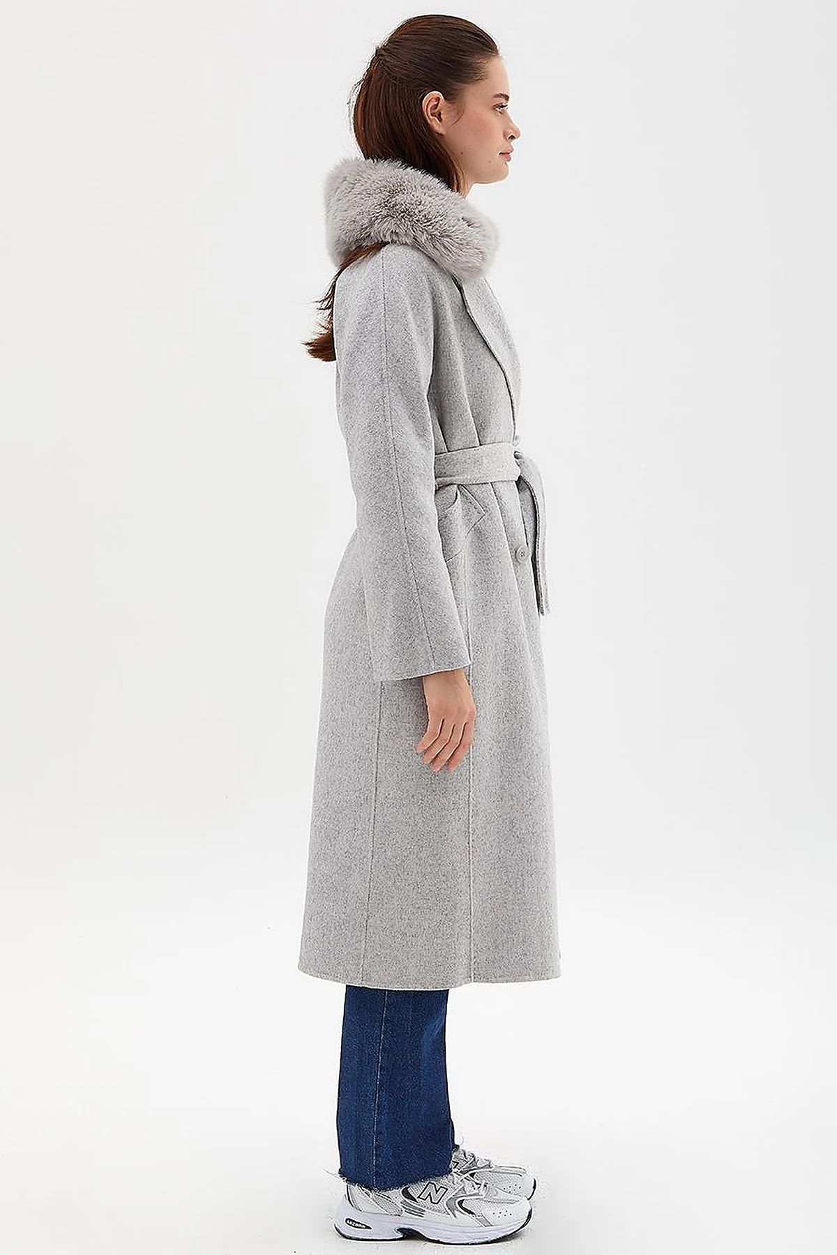 Premium Wool Fur Double Breasted Button-Up Coat Light Grey
