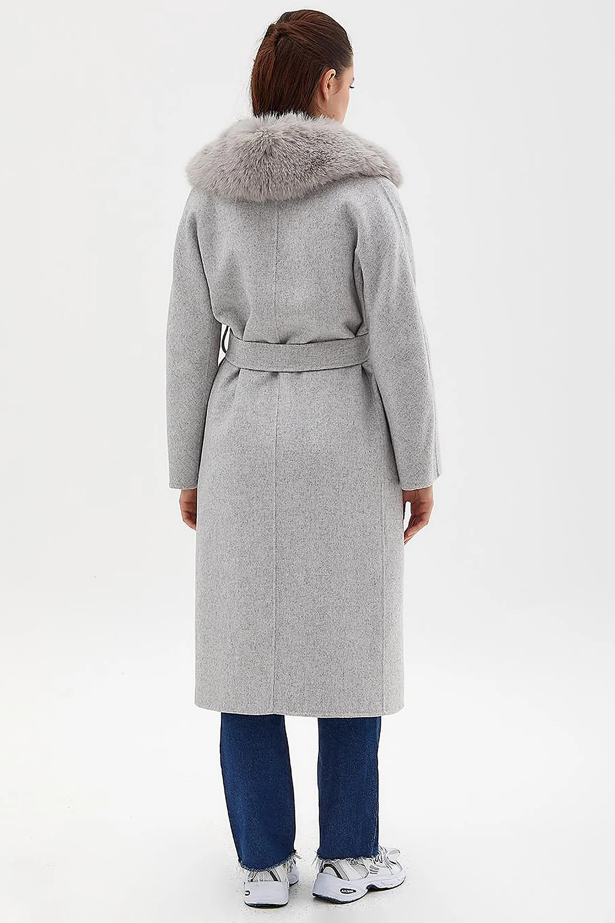 Premium Wool Fur Double Breasted Button-Up Coat Light Grey