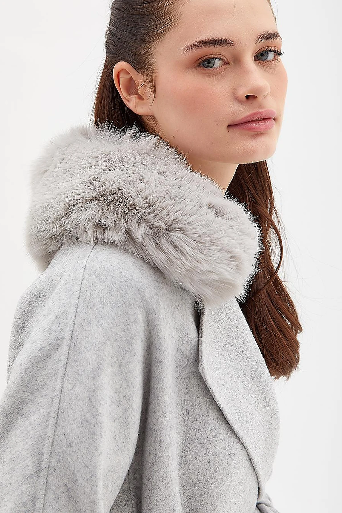 Premium Wool Fur Double Breasted Button-Up Coat Light Grey