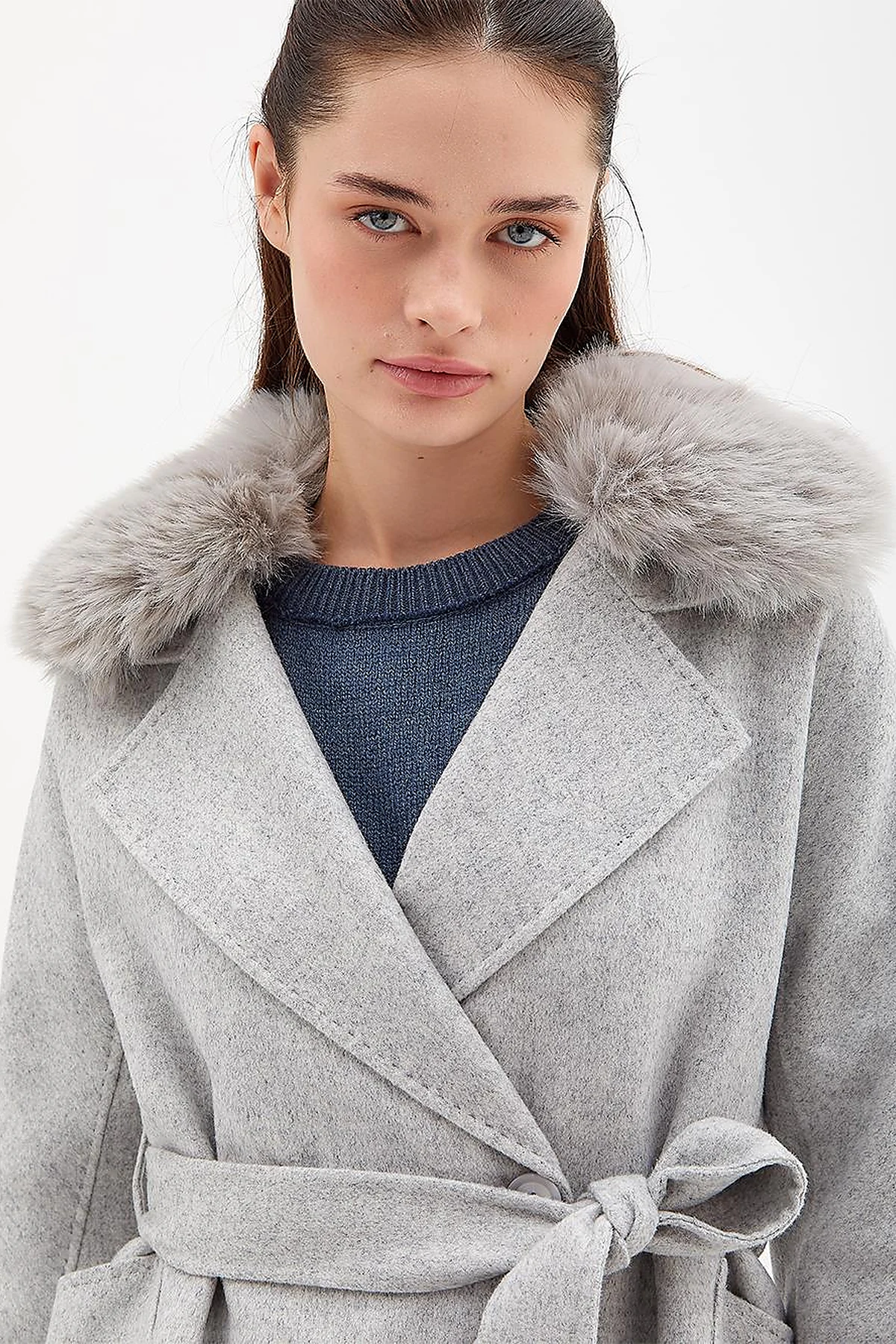 Premium Wool Fur Double Breasted Button-Up Coat Light Grey