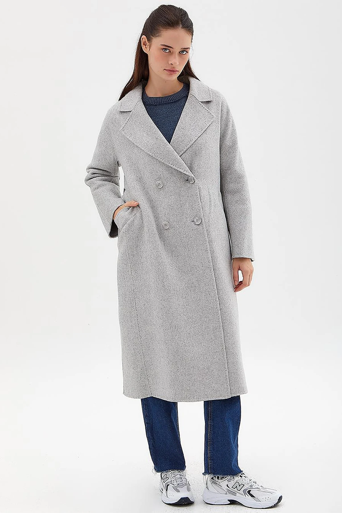 Premium Wool Fur Double Breasted Button-Up Coat Light Grey