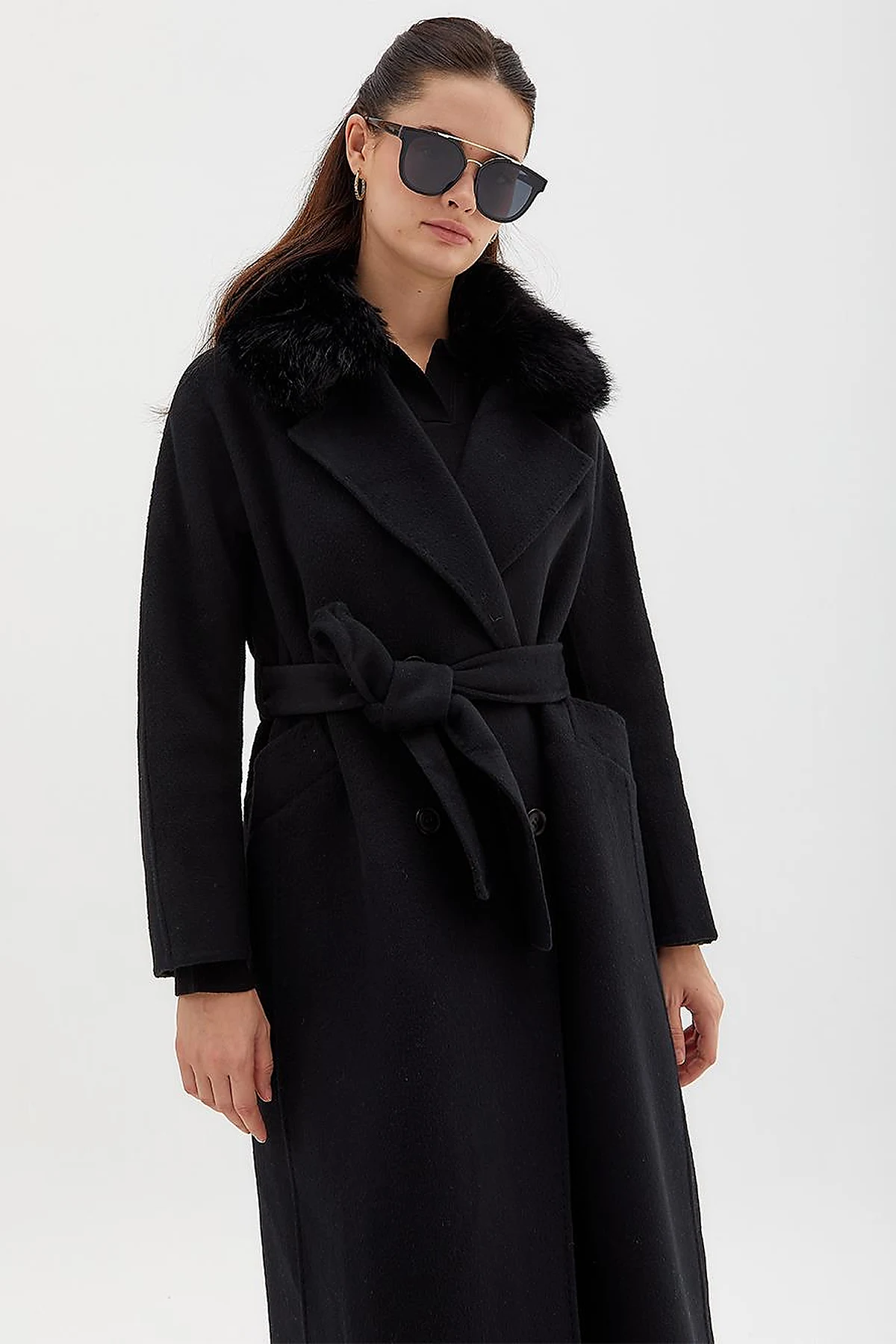 Premium Wool Fur Double Breasted Button Coat Black