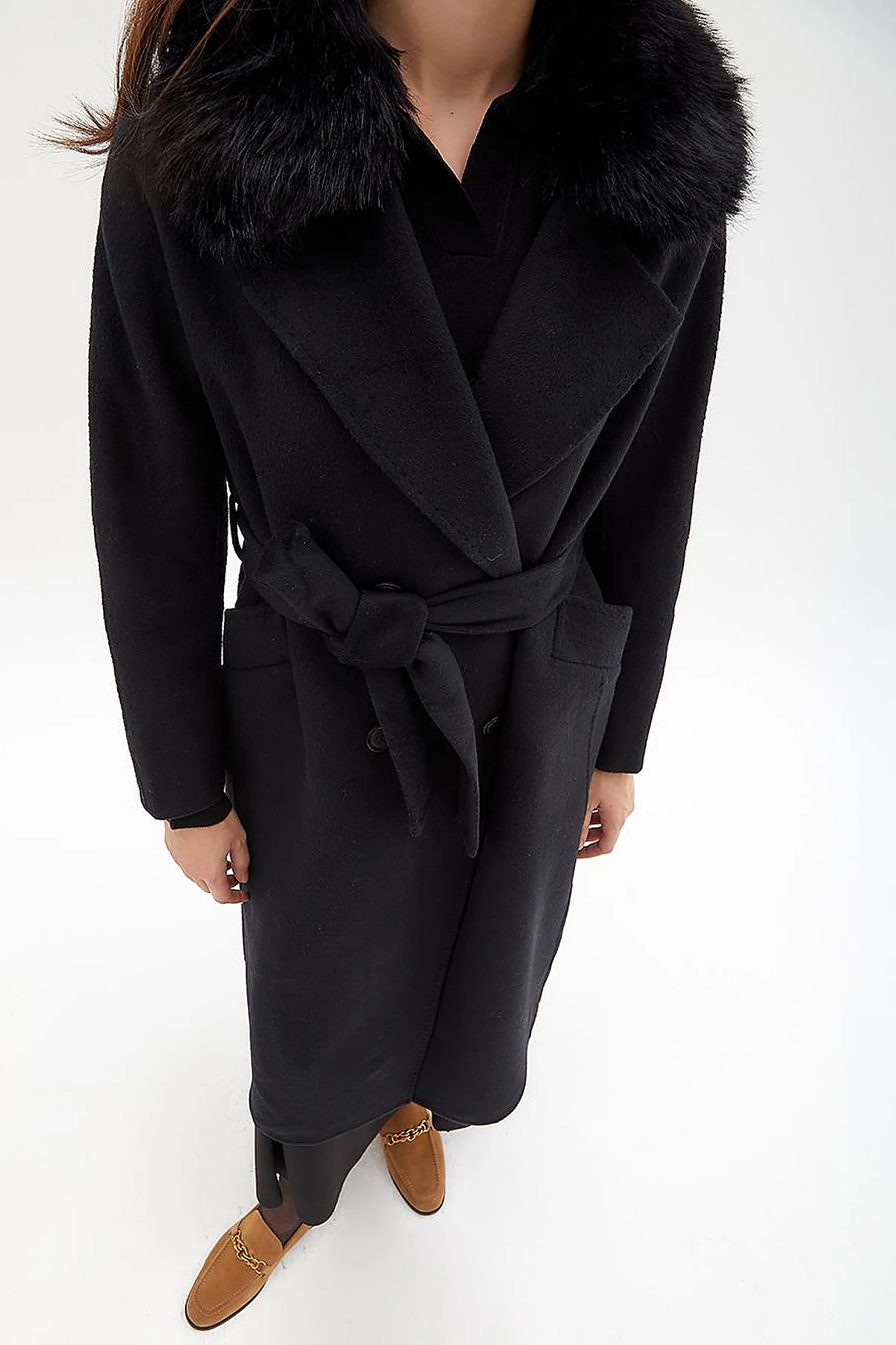 Premium Wool Fur Double Breasted Button Coat Black