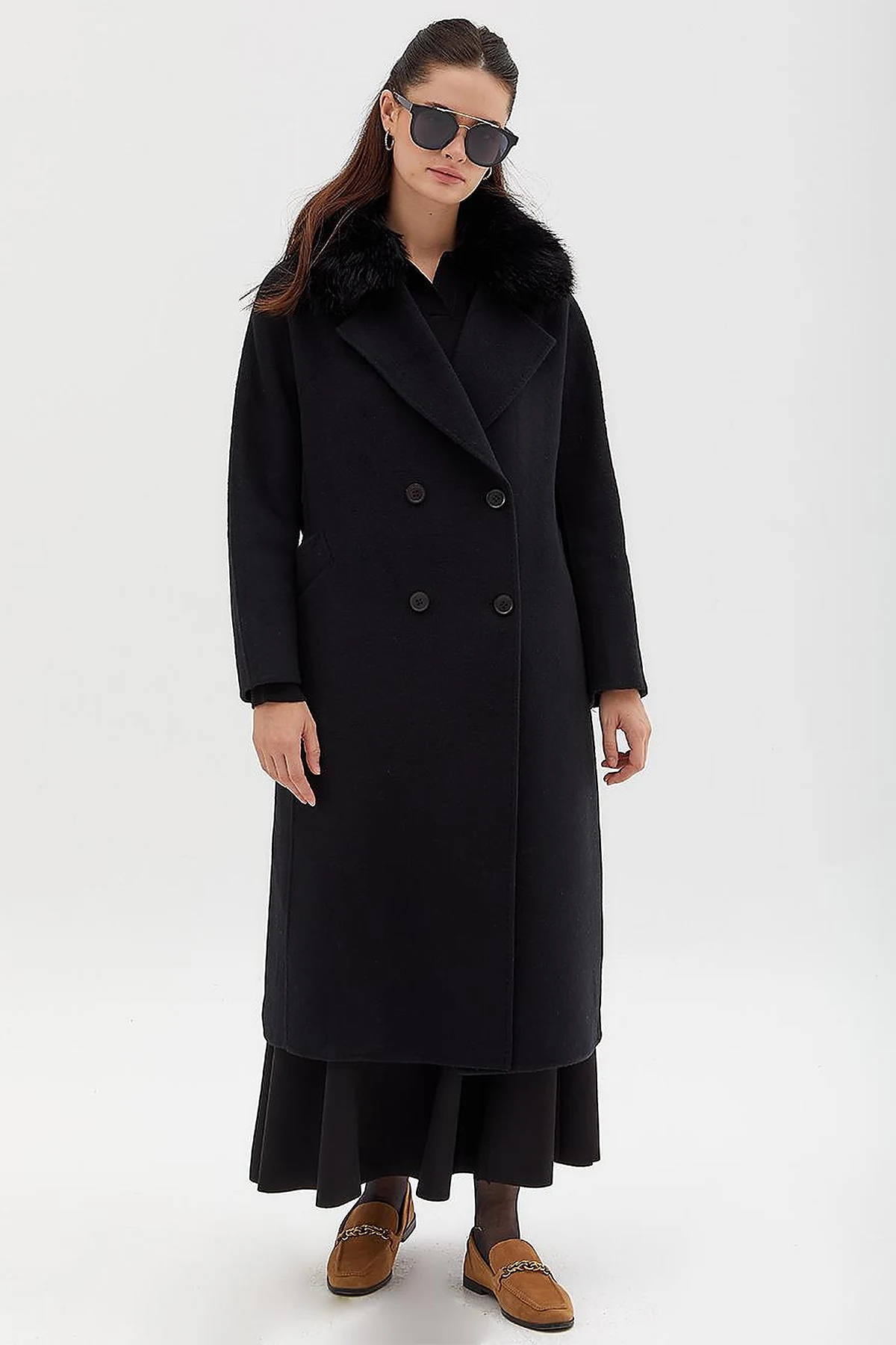 Premium Wool Fur Double Breasted Button Coat Black