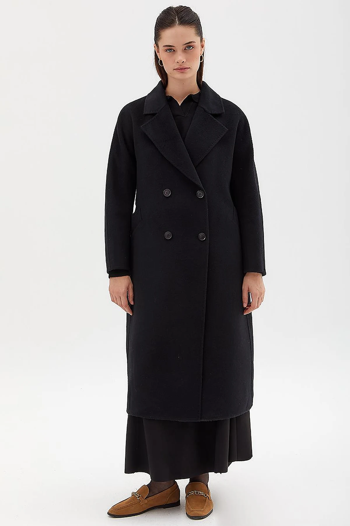 Premium Wool Fur Double Breasted Button Coat Black