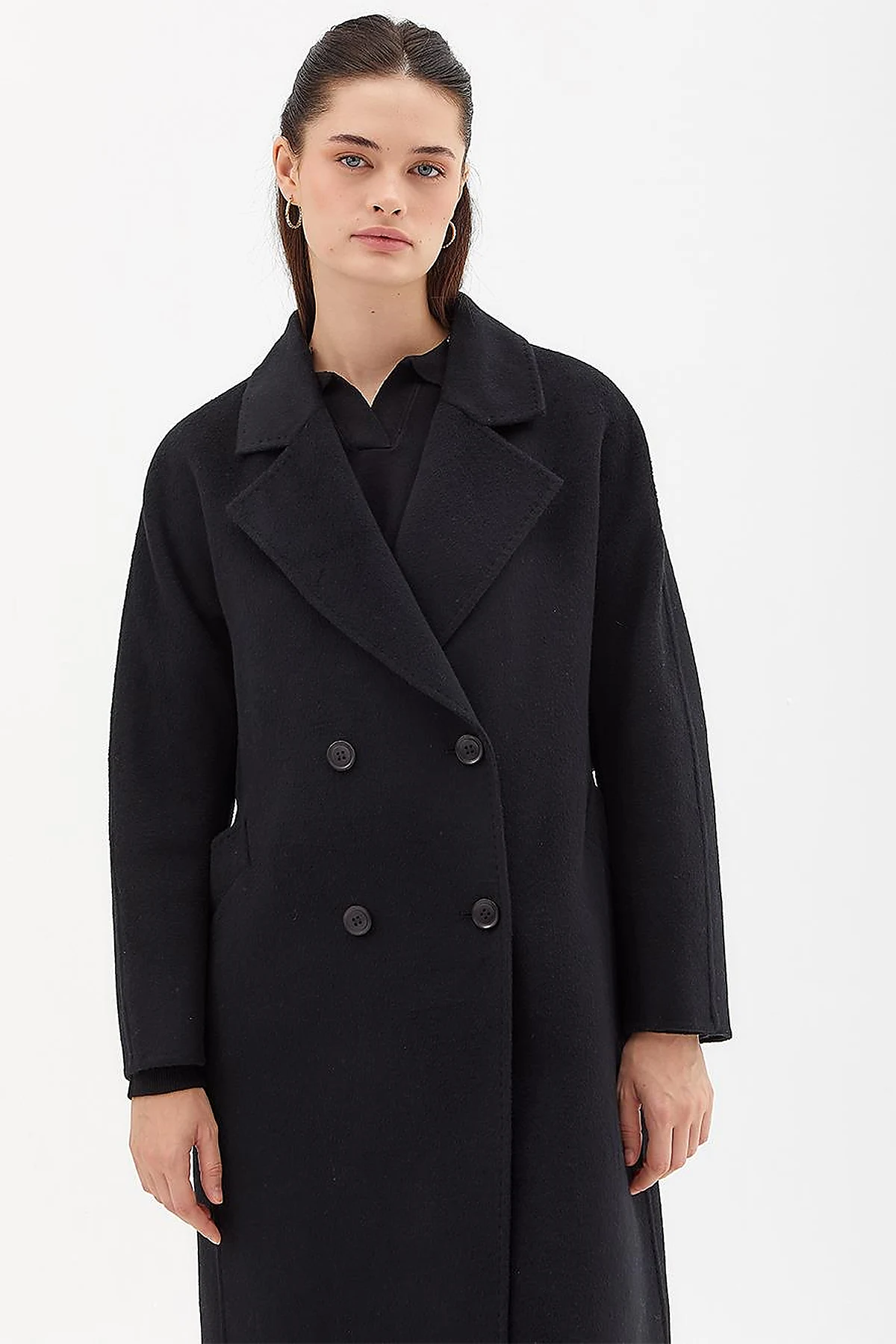 Premium Wool Fur Double Breasted Button Coat Black