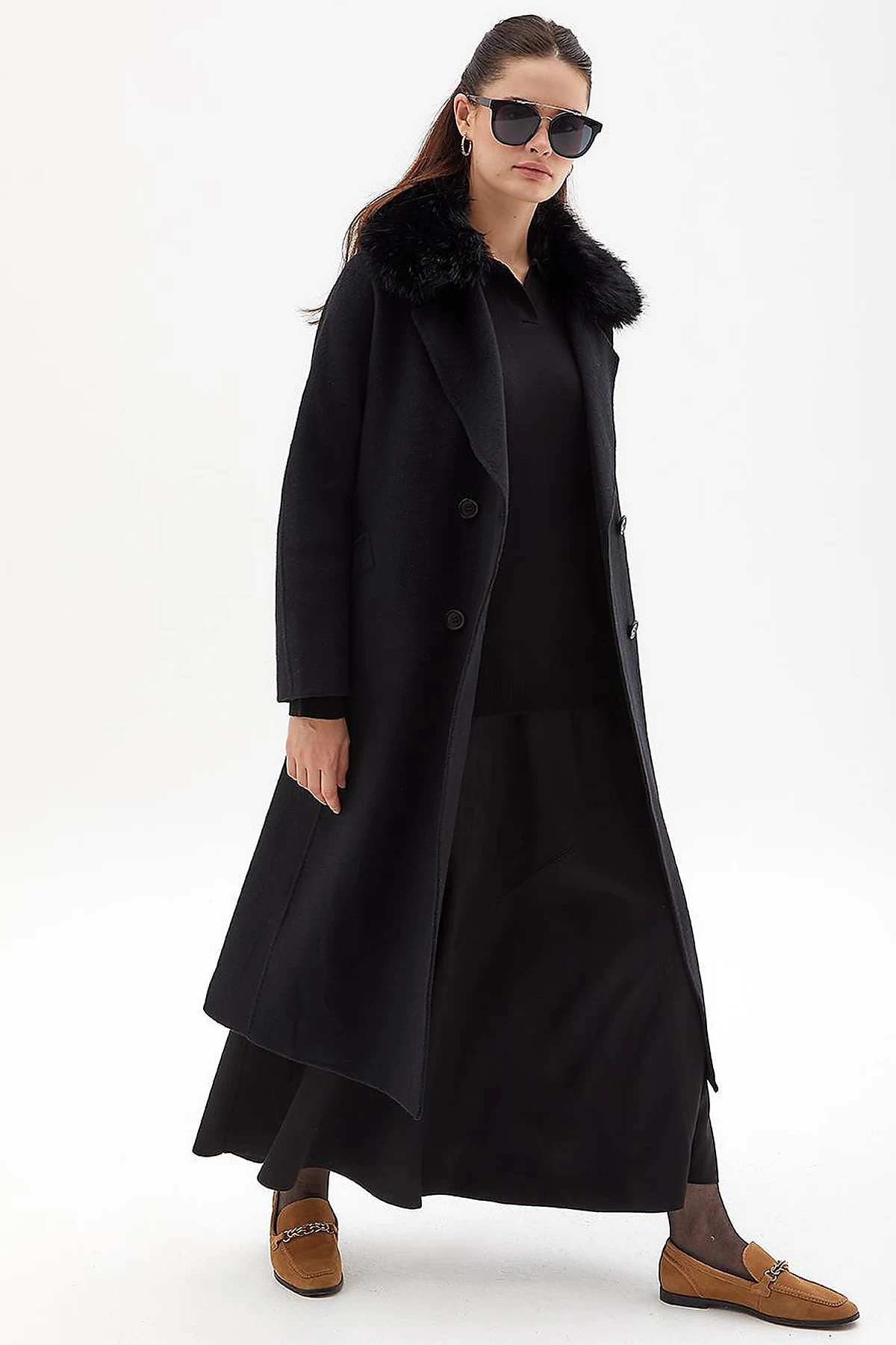 Premium Wool Fur Double Breasted Button Coat Black