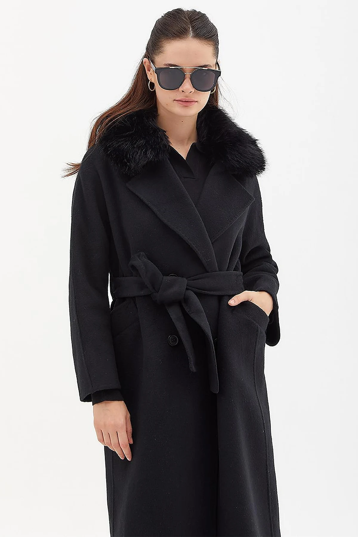 Premium Wool Fur Double Breasted Button Coat Black