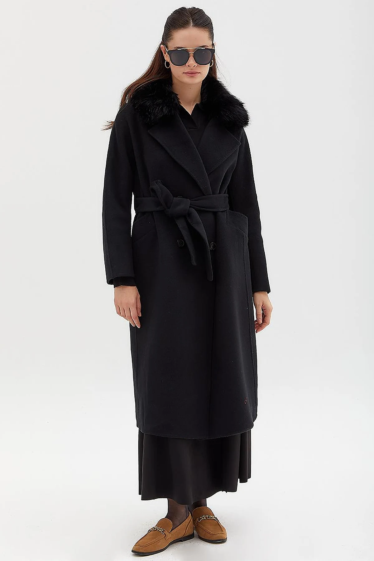 Premium Wool Fur Double Breasted Button Coat Black