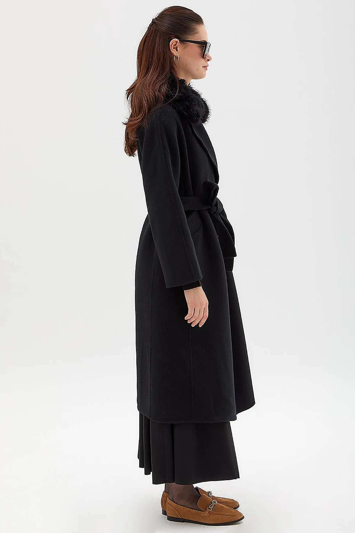 Premium Wool Fur Double Breasted Button Coat Black